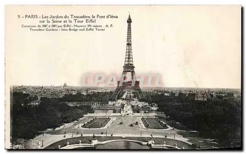 Paris Cartes postales Les jardins du Trocadero Tour Eiffel sur la Seine