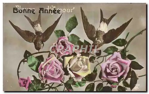 Fetes - Rose - Oiseaux - Flowers - Birds - Bonne Annee - Cartes postales