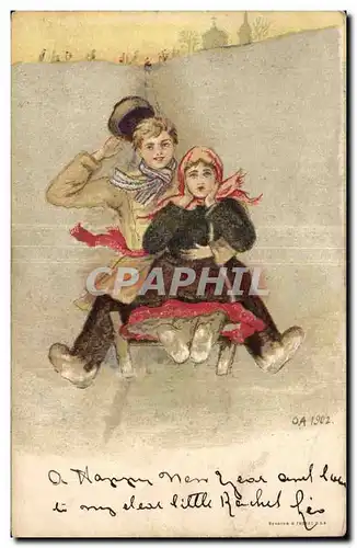 Fantaisie - Couple on sled - Lige woman with frightened expression - sport d&#39hiver - Cartes postales