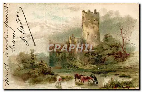 Animaux - Castle and cows - Taureau - Vache - Cartes postales