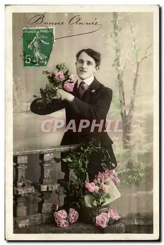 Fantaisie - Homme - Young man with flowers - Ansichtskarte AK