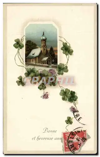 Cartes postales Fantaisie Bonne annee Eglise et trefles