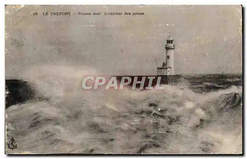 Cartes postales Le Treport Grosse mer Interieur des jetees Lighthouse