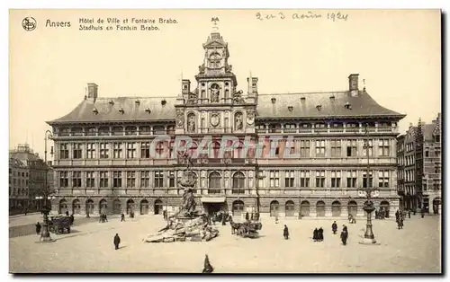 Cartes postales Belgique Anvers Hotel de ville et fontaine Brabo