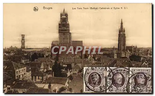 Cartes postales Bruges Les trois tours Beffroi cathedrale et eglise