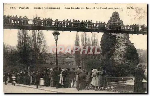 Paris Cartes postales Buttes Chaumont Les bords du lac et le pont suspendu