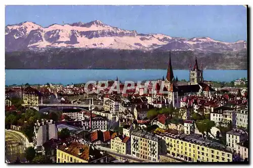 Suisse - Schweiz - Vaud - Lausanne - Port Bessiere - La Cathedrale - Les Alpes Ansichtskarte AK