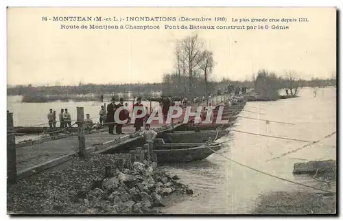 Cartes postales Montjean Inondations janvier 1910 Route de Montjean a Champtoce Pont de bateaux construit par le