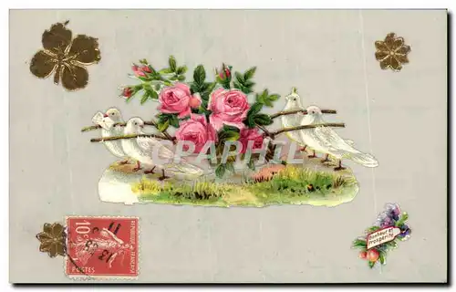 Cartes postales Fantaiisie Colombes et fleurs (en relief)