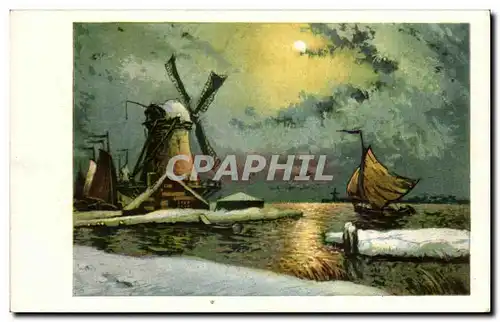 Cartes postales Fantaisie Marine Bateau et Moulin Windmill