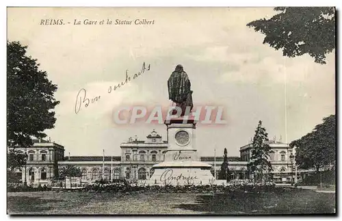 Cartes postales Reims La gare et la statue Colbert