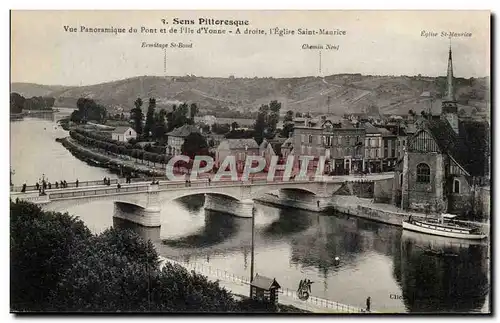 Cartes postales Sens Vue panoramique du pont et de l&#39ile d&#39Yonne A droite l&#39eglise Saint Maurice