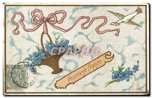 Fleurs - Flowers - Heureuse Annee - Victorian Image - bird - oiseau - Ansichtskarte AK