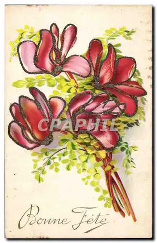 Fleurs - Flowers - Glittered outlined flowers - Bonne Fete - Ansichtskarte AK