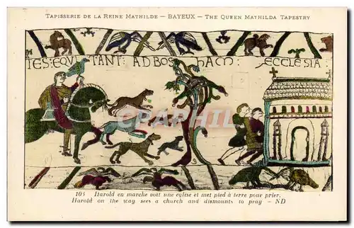 Cartes postales Bayeux Tapisserie de la Reine Harold en marche voit une eglise et met pied a terre pour prier