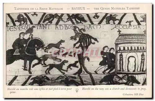 Cartes postales Bayeux Tapisserie de la Reine Harold en marche voit une eglise et met pied a terre pour prier