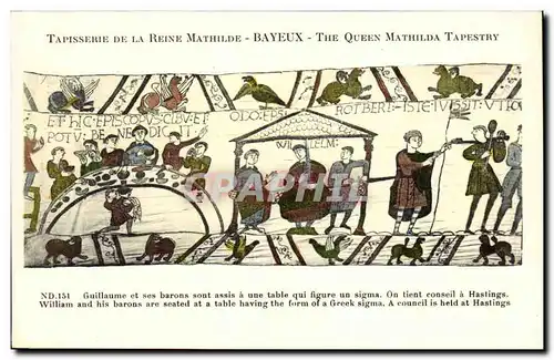 Cartes postales Bayeux Tapisserie de la Reine Mathilde Guillaume et ses barons sont assis a une table qui figure