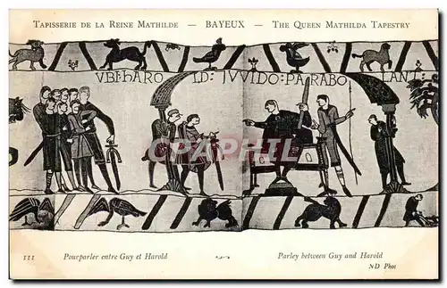 Ansichtskarte AK Bayeux Tapisserie de la Reine Mathilde Pourparler entre Guy et Harold