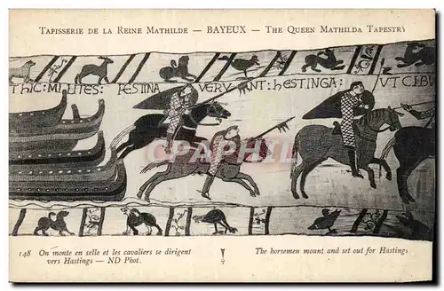 Cartes postales Bayeux Tapisserie de la Reine Mathilde On monte en selle et le cavaliers se dirigent vers Hastin