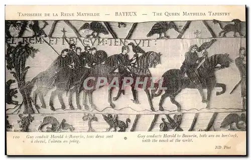 Cartes postales Bayeux Tapisserie de la Reine Mathilde Guy conduit Harold a Beaurin tous deux sont a cheval