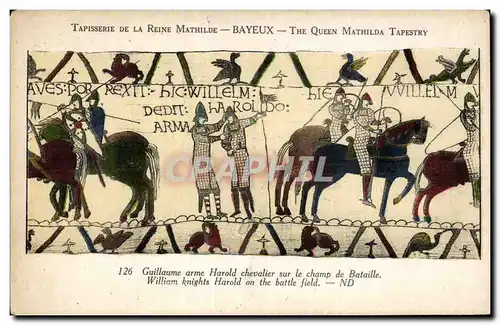 Cartes postales Bayeux Tapisserie de la Reine Mathilde Guillaume arme Harold chevalier sur le champ de bataille