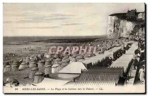 Cartes postales Mers les Bains La plage et les cabines vers la falaise