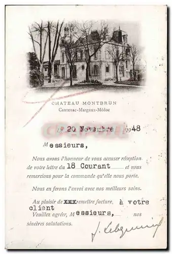 Cartes postales Chateau Montbrun Cantenac Margaux Medoc invitation Reception du 20 novembre 1948