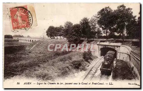 Cartes postales Agen Ligne du chemin de fer passant sous le canal et pont canal Train