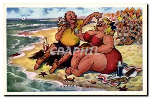 Humour - Illustration - La Vie est Belle - bain - la plage - the beach - Cartes postales