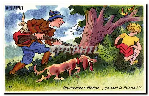 Humour - Illustration - Doucement Medor - ca sent le faisan - chien - dog - chasse - hunting - Cartes postales
