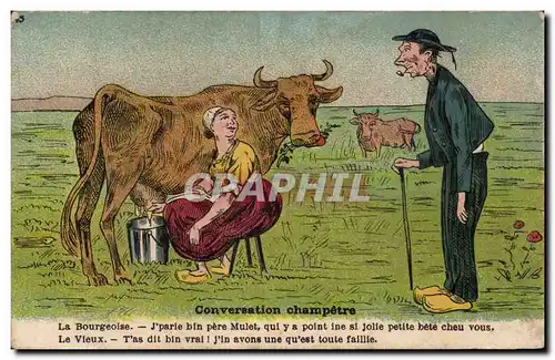 Cartes postales Fantaisie Humour Conversation champetre Vache Paysans