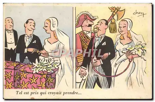 Humour - Illustration - mariage - wedding - bride - groom - Ansichtskarte AK Chen