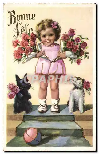Enfants - Illustration - cute little girl with flowers - chien - dog - Ansichtskarte AK