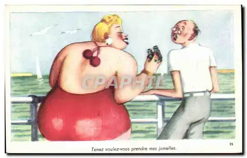 Cartes postales Fantaisie Humour Femme forte Voulez vous prendre mes jumelles ?