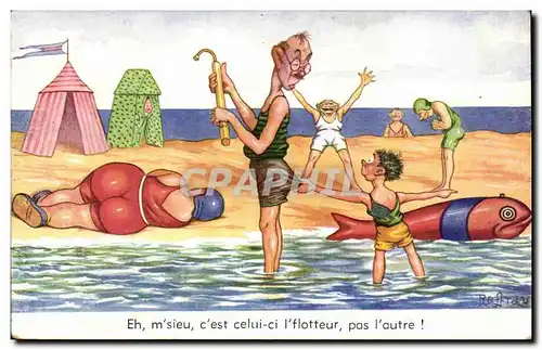 Humour - Illustration - bain - swimming - plage - beach - Cartes postales