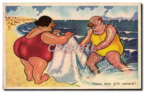 Humour - Illustration - bain - swimming - plage - beach - Cartes postales