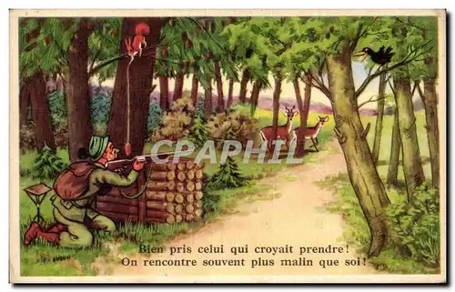 Humour - Illustration - chasseur Chasse - hunter - biche - doe - Cartes postales