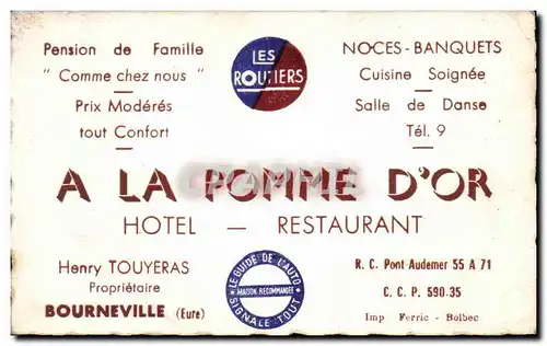 Bourneville - A La Pomme D&#39Or - Hotel - Restaurant Carte de visite