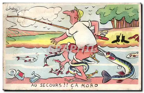 Cartes postales Fantaisie Illustrateur Pecheur Au secours ca mord !