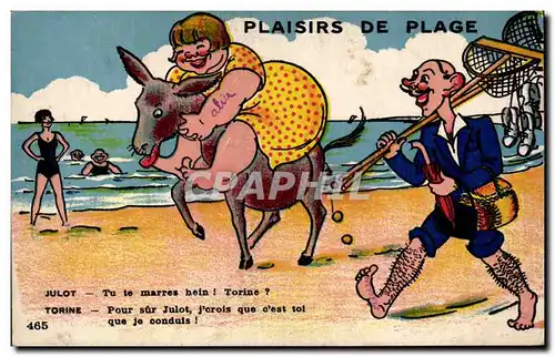 Cartes postales Fantaisie Illustrateur Humour Plaisirs de la plage Julot Torine Ane Donkey Mule