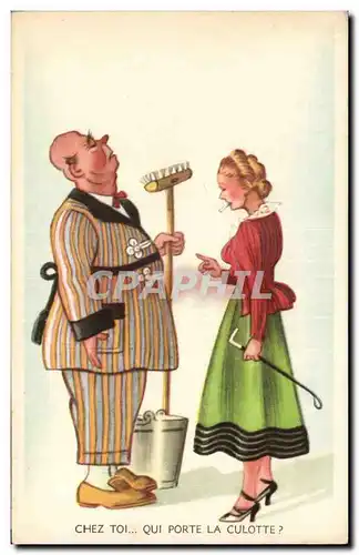 Cartes postales Fantaisie Illustrateur Humour Chez toi qui porte la culotte ? Couple