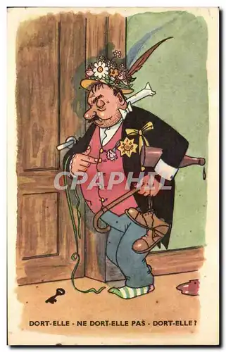 Cartes postales Fantaisie Humour Dort elle ne dort elle pas Ivrogne Alcool