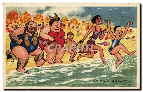 Humour - Illustration - bain - swimming - plage - beach - Le bain annuet - Cartes postales