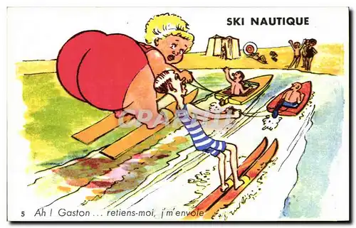 Humour - Illustration - Ski Nautique - Water Skiing - plage - beach - bain - swimming - Cartes postales