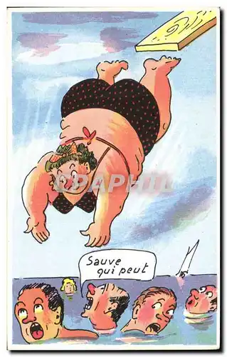 Humour - Illustration - bain - swimming - sauve qui peux - Cartes postales