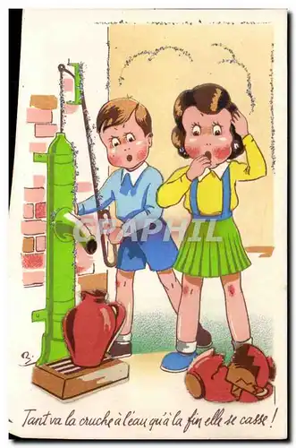 Fantaisie - Enfant - Illustration - cracked water pot (en relief) - Cartes postales