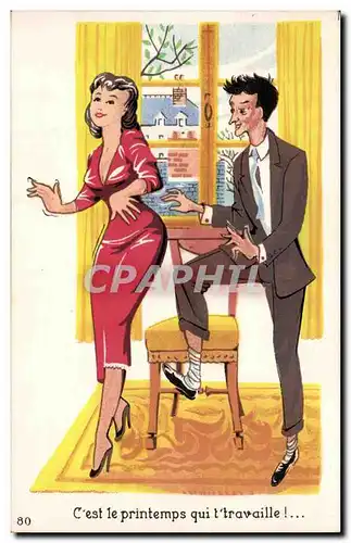 Humour - Illustration - Pin up - pinup C&#39est le printemps qui travaille - Cartes postales