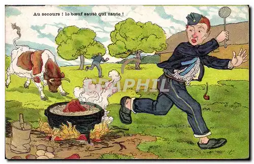 Humour - Illustration - Au Secours - Le Boeuf Saute Militaria - Cartes postales