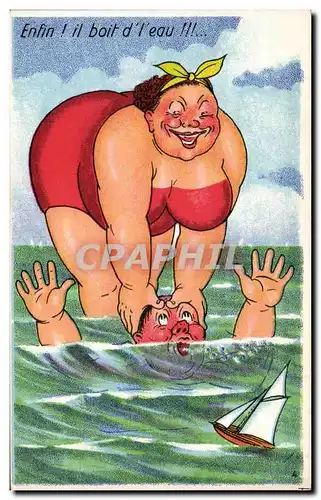 Humour - Illustration - Enfin! Il boit de l&#39eau - bain - swimming - plage - beach - Cartes postales