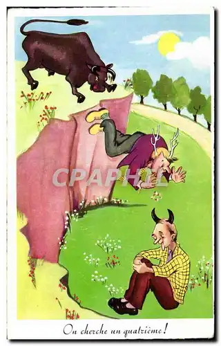 Cartes postales Humour Fantaisie On cherche un quatrieme ! Taureau Bull